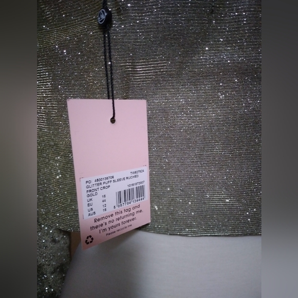 SALE$ NWT Missguided Gold Glitter Puff Sleeve Ruched Front Crop Top- US 12 - Picture 3 of 7